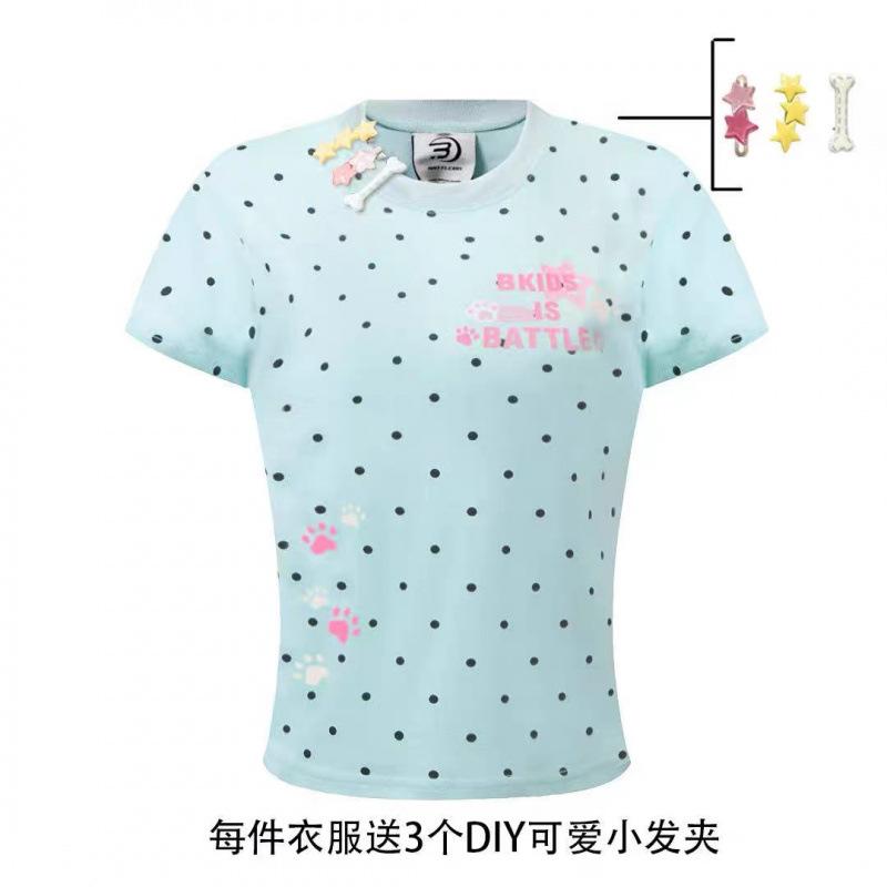 Spice Girl Short Sleeve T-Shirt Women s Crew Neck Printed Polka Dot Cat Claw Pattern Slim Fit Pullover Spring Summer S