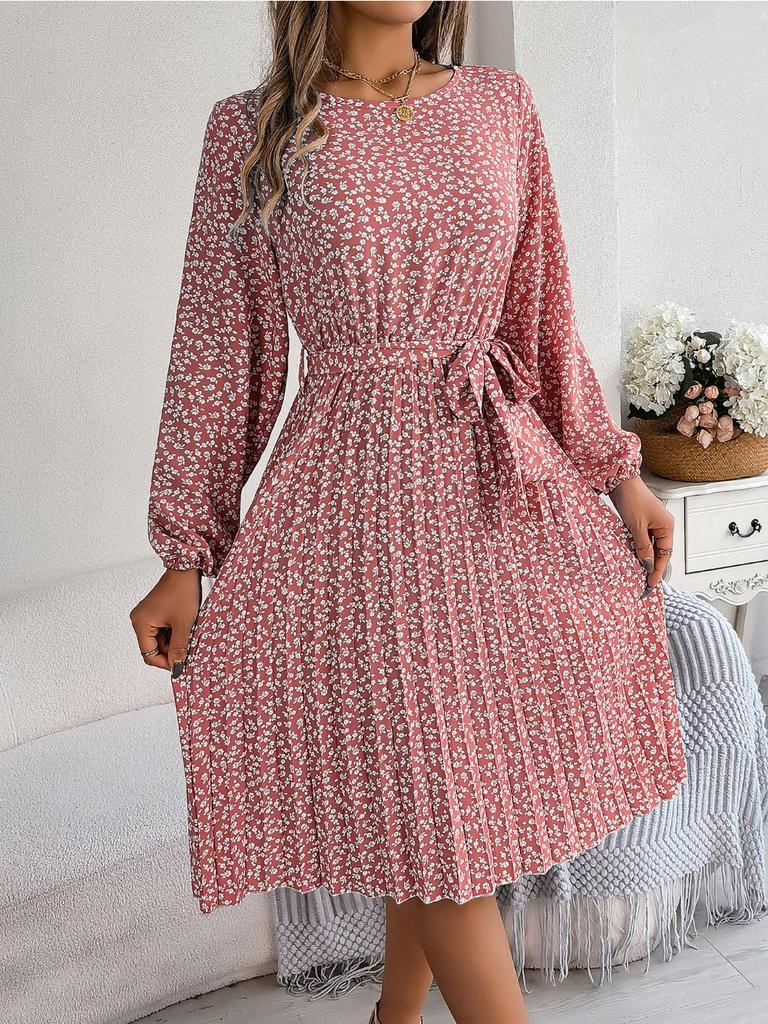 Ins Leisure Long Sleeved Floral Pleated Skirt Plus Size Dresses for Women Red Dresses for Women Elegant