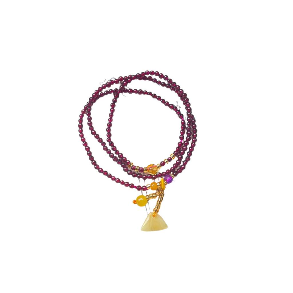 Natural Wine Red Garnet Amber Three-Loop Bracelet for Women - Ancient Hanfu Style Accessories