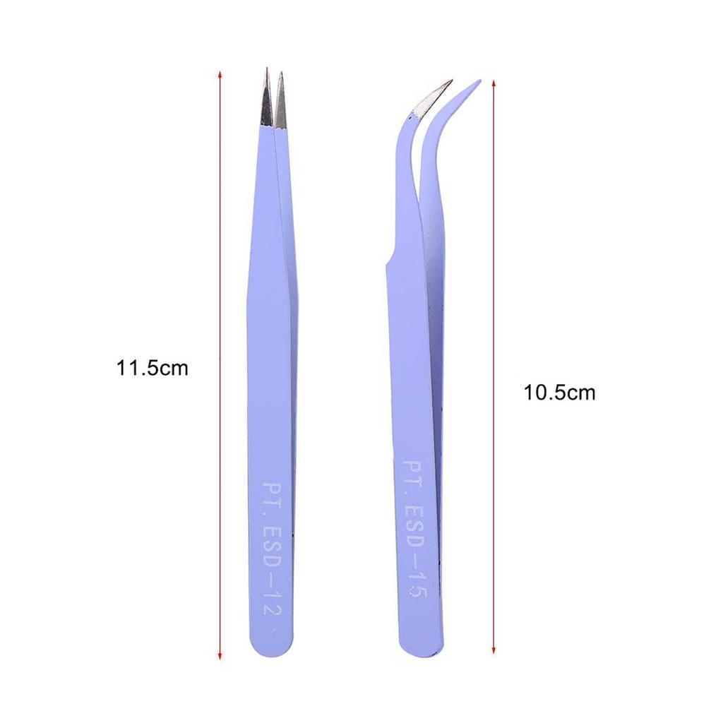 2Pcs Stainless Steel Nail Art Tweezers Anti Static Straight Curved Manicure Tweezers Purple
