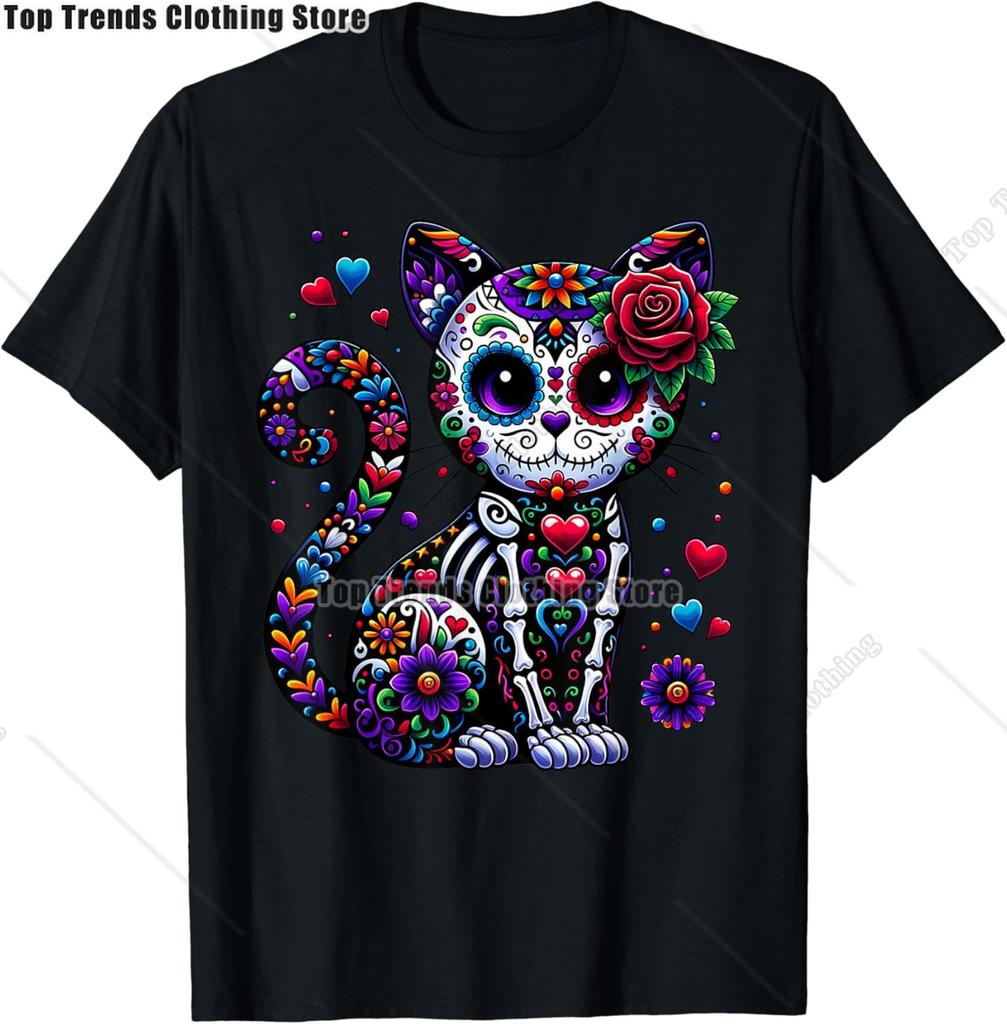 Cute Sugar Skull Cat Dia De Los Muertos Day of The Dead TShirt Mexican Summer Fashion Short Sleeved Tee TopsCasual Tshirt