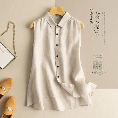 Women's Light Gray Linen Sleeveless Blouse Collared Button Down Casual Loose Tank Top