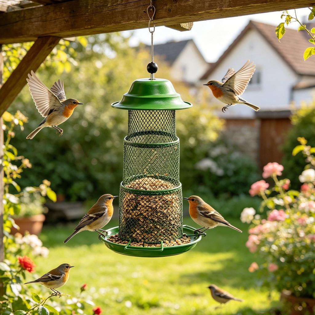 Outdoor Adjustable Iron Bird Feeder with Mesh Design and Squirrel Resistant Structure for Garden and Backyard Use Hanging Installation