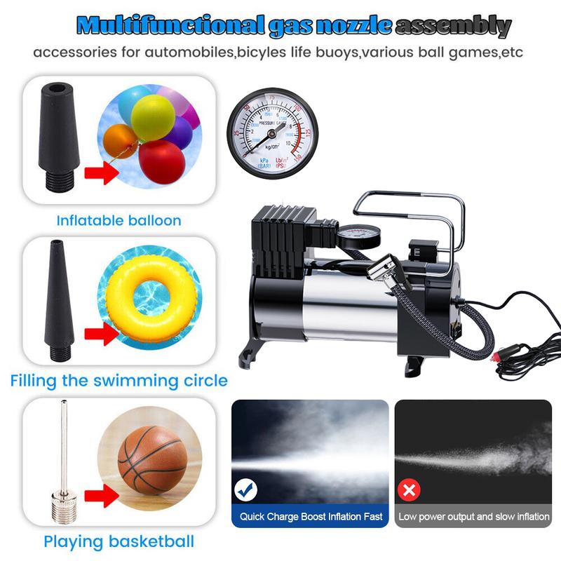 12V Electric Tire Inflator with Pressure Gauge Car Tire Pump Mini Air Compressor Heavy Duty Deluxe Portable Metal Air Compressor