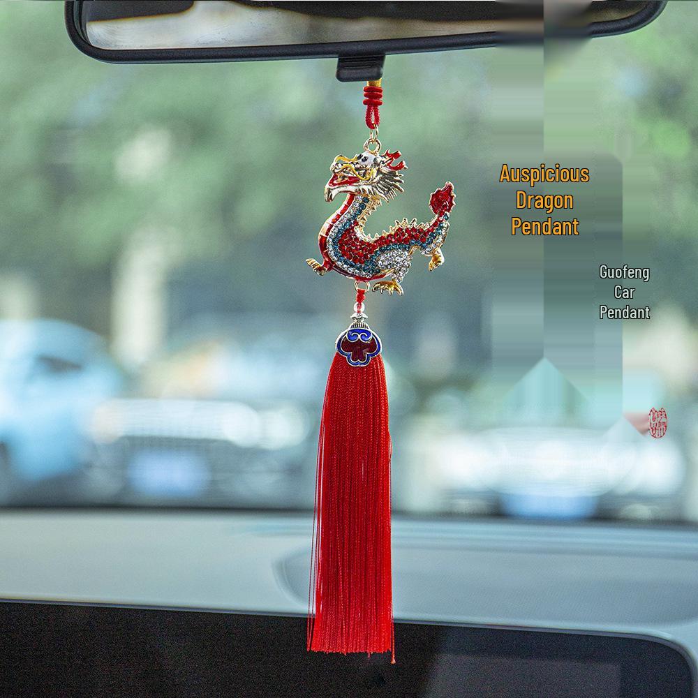 Diamond-Studded Auspicious Dragon Pendant with Red and Gold Tassel