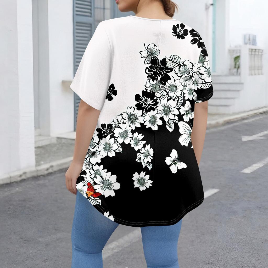 Women's Fashion Large Size Round Neck Short Sleeve Casual Print Loose Pullover Top