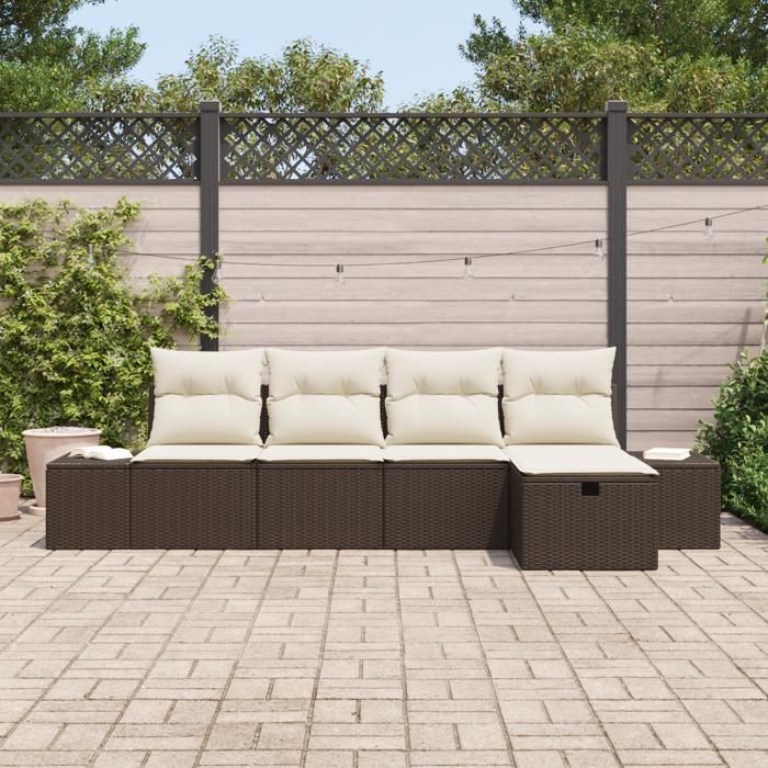 VidaXL Ensemble de Canapé de Jardin 5 Pièces avec Coussins Rattan Poly Marron 3359357