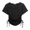 V-neck Solid Color Drawstring Pleated Waist Cinched Spicy Girl Shoulder T-shirt On Both Sides Tops