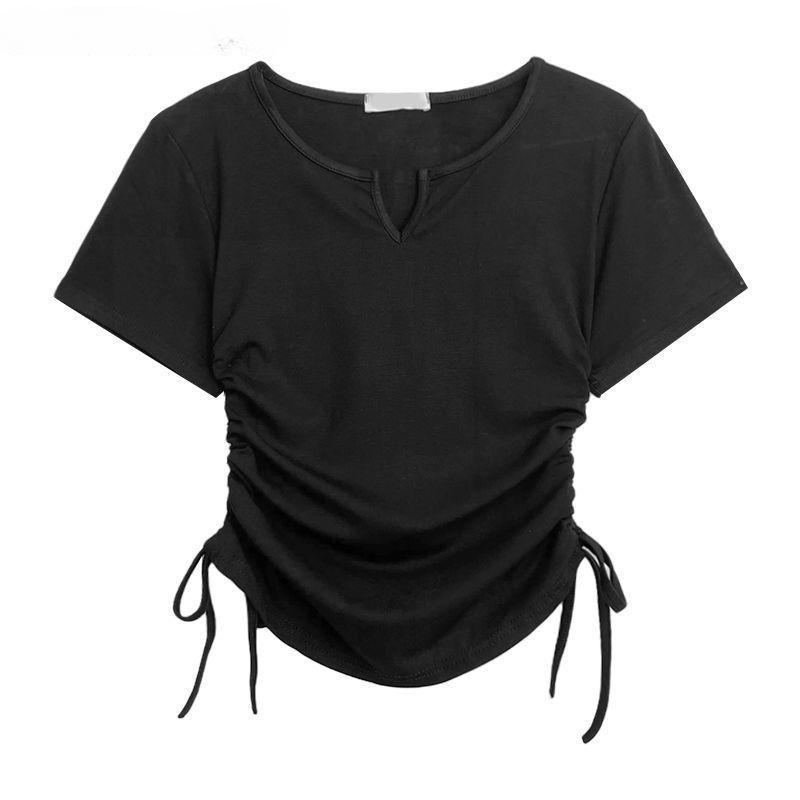 V-neck Solid Color Drawstring Pleated Waist Cinched Spicy Girl Shoulder T-shirt On Both Sides Tops