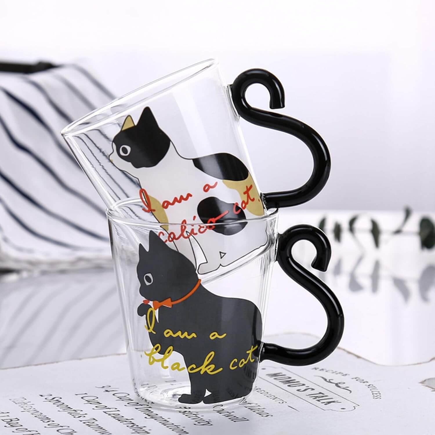 

Pokaro Tea Cat Set of Glass Black and White Cat Pair of Cute Cat Microwave and Fire Perfect Gift for Cat Tea Cups, 2, Cat-Patterned Heat-Resistant