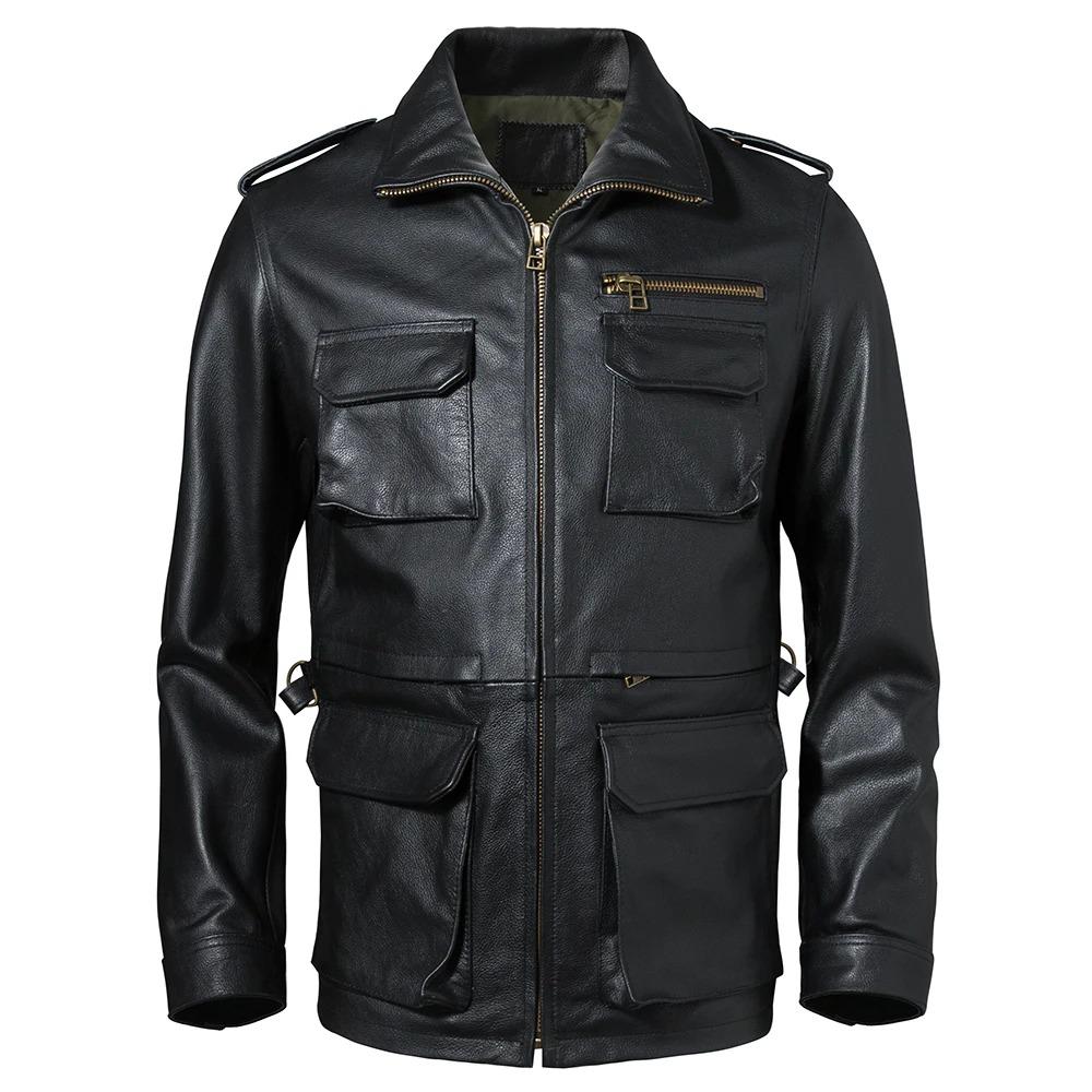 Talla China Chaqueta Larga de Cuero para Hombre Abrigo Militar Grueso M65 Ropa de Invierno 100% Cuero Genuino de Vacuno Abrigo de Cuero Genuino Talla Asiática M-6XL M603