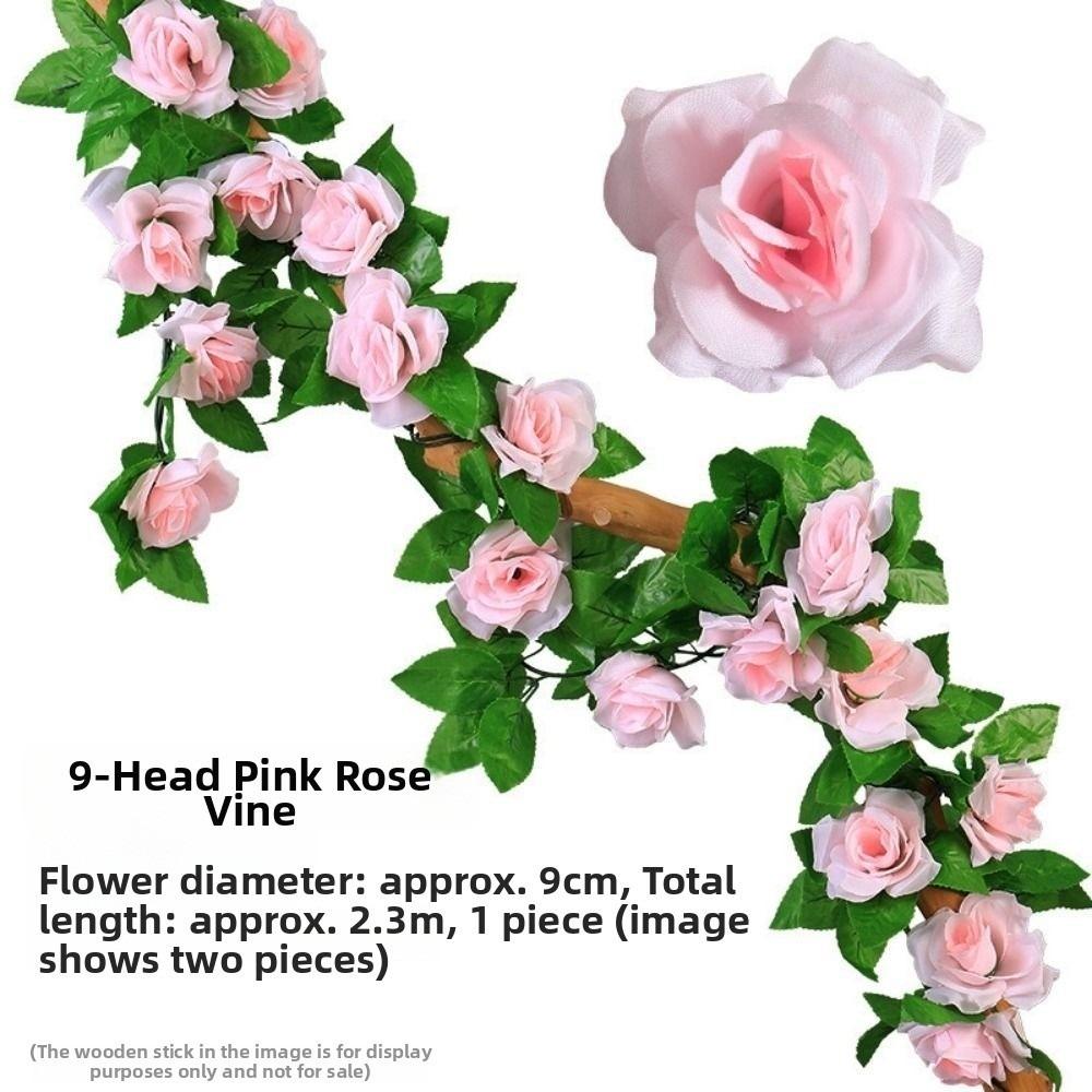 

New Plastic Silk Artificial Rose Vine 7 Colors 2.3 Meters 9 Heads Wall Decor Rattan Fake Plants Leaves Home Decoration розовый