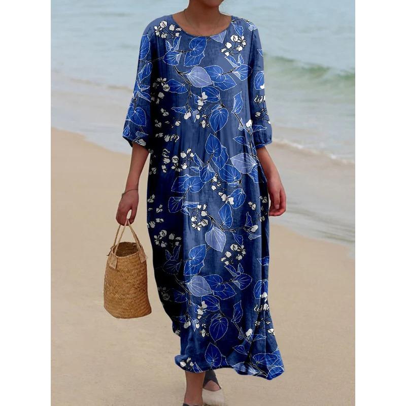 

Женская мода лето весна цветочный узор принт рукава 1/2 О-образный вырез свободная талия повседневные платья XXL