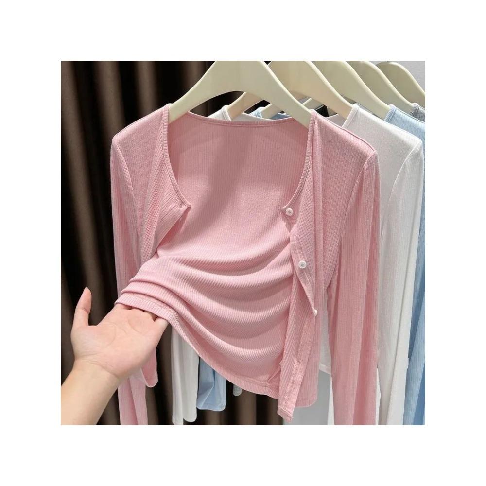 Women Grey Ribbed Thin Cardigan Shawl, Lightweight Sun Protection Air Conditioner Coat Office Summer Outerwear Cover Up