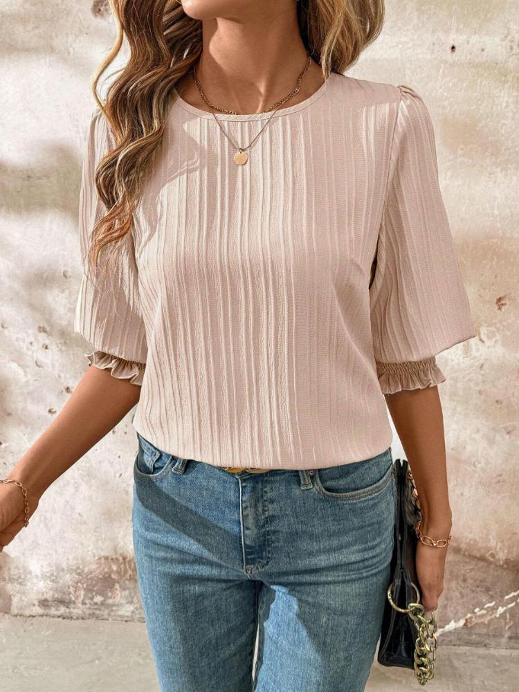 Top dla dziewczynki z bufiastymi rękawami w podwójne paski, rękawami z kwiatami i jednolitym kolorem