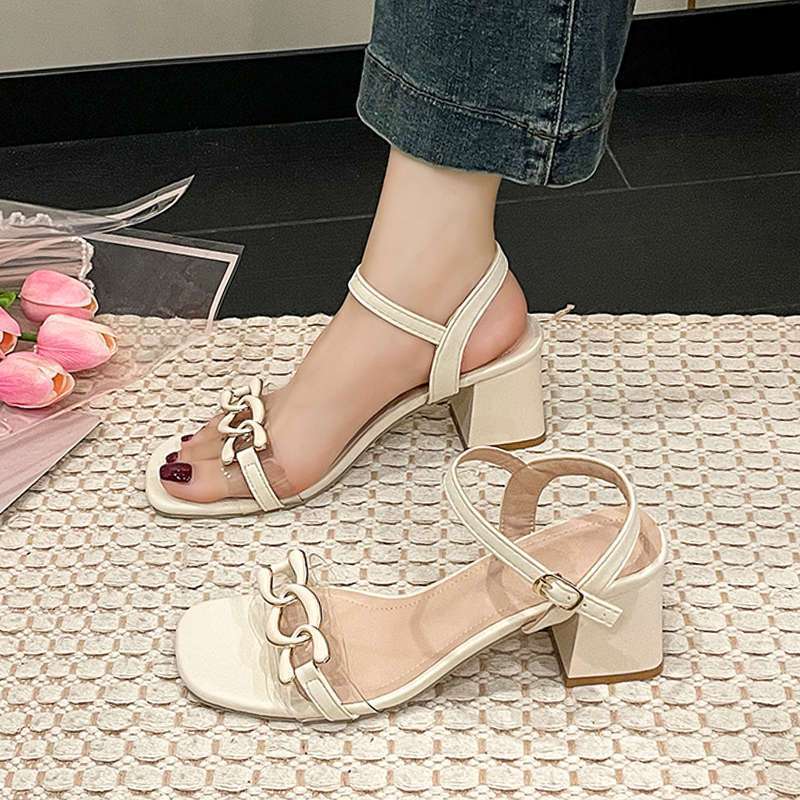 Internet Celebrity Word with Fashion High Heels Sandals Square Head Thick Heel Wear Versatile High Heels Women 2025 Summer New
