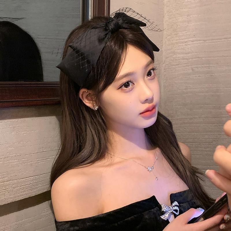 

French Black Tulle Headband with Bow Thin Hair Clip Headband for Women High Crown Lift Skincare Non Slip Wash Face Hair Holder