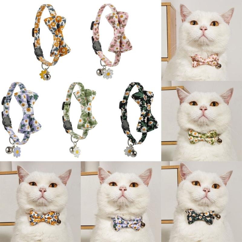 Flower Printed Cat Collar Bowknot Decors Adjustable Durablity Cat Camping Collar for Walking Camping Pet Supplies
