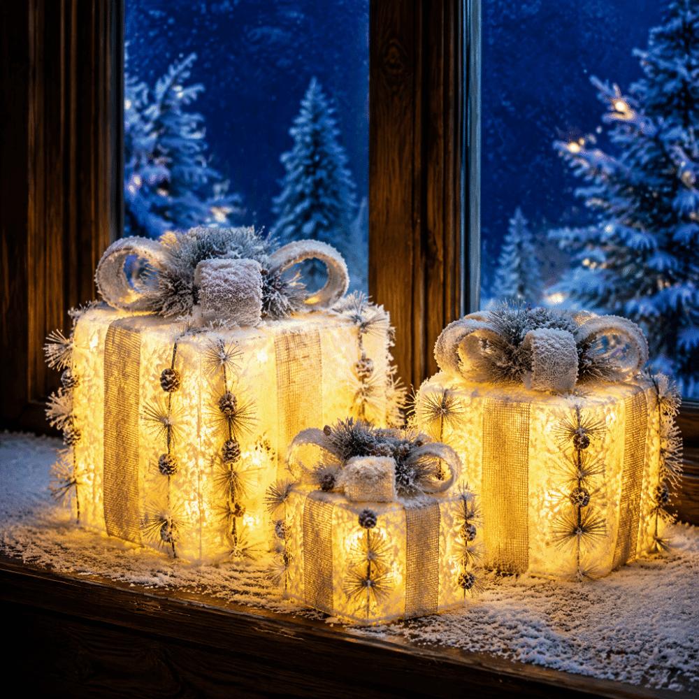 3pcs Plush Design Christmas Light Up Boxes Versatile Lighted Gift Boxes Outdoor Decor