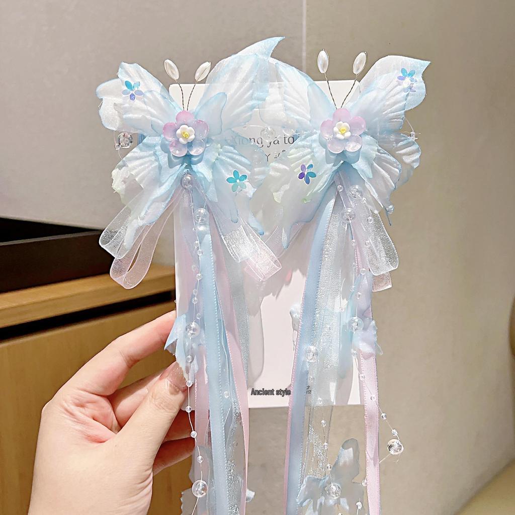 Ancient Style Hanfu Princess Butterfly Hair Clips with Long Ribbons - Children's Chinese Fairy Hair Accessories (Pair)