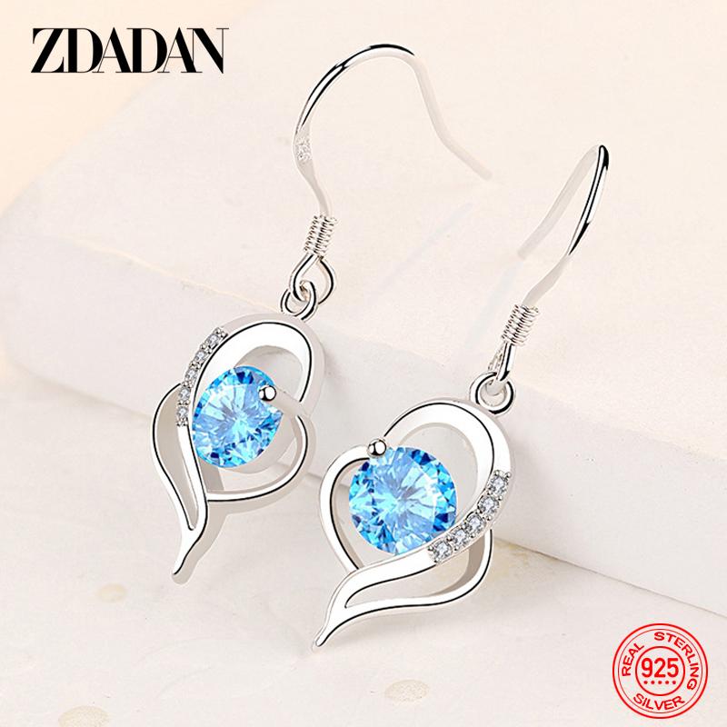 ZDADAN 925 Sterling Silver Blue Crystal Drop Earrings For Women Fashion Party Jewelry