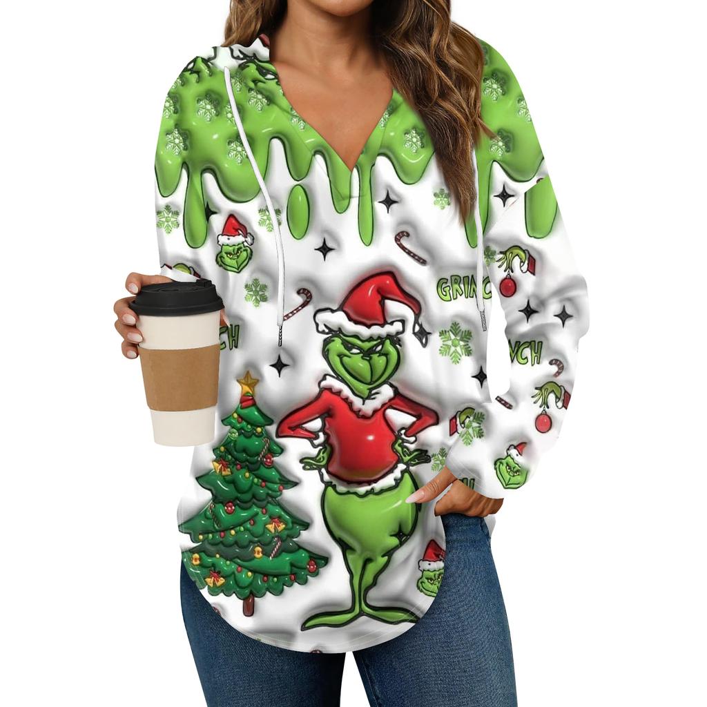 Women's Fashion Hoodies V Neck Long Sleeve Christmas Printed Drawstring Casual Loose Pullover Tops