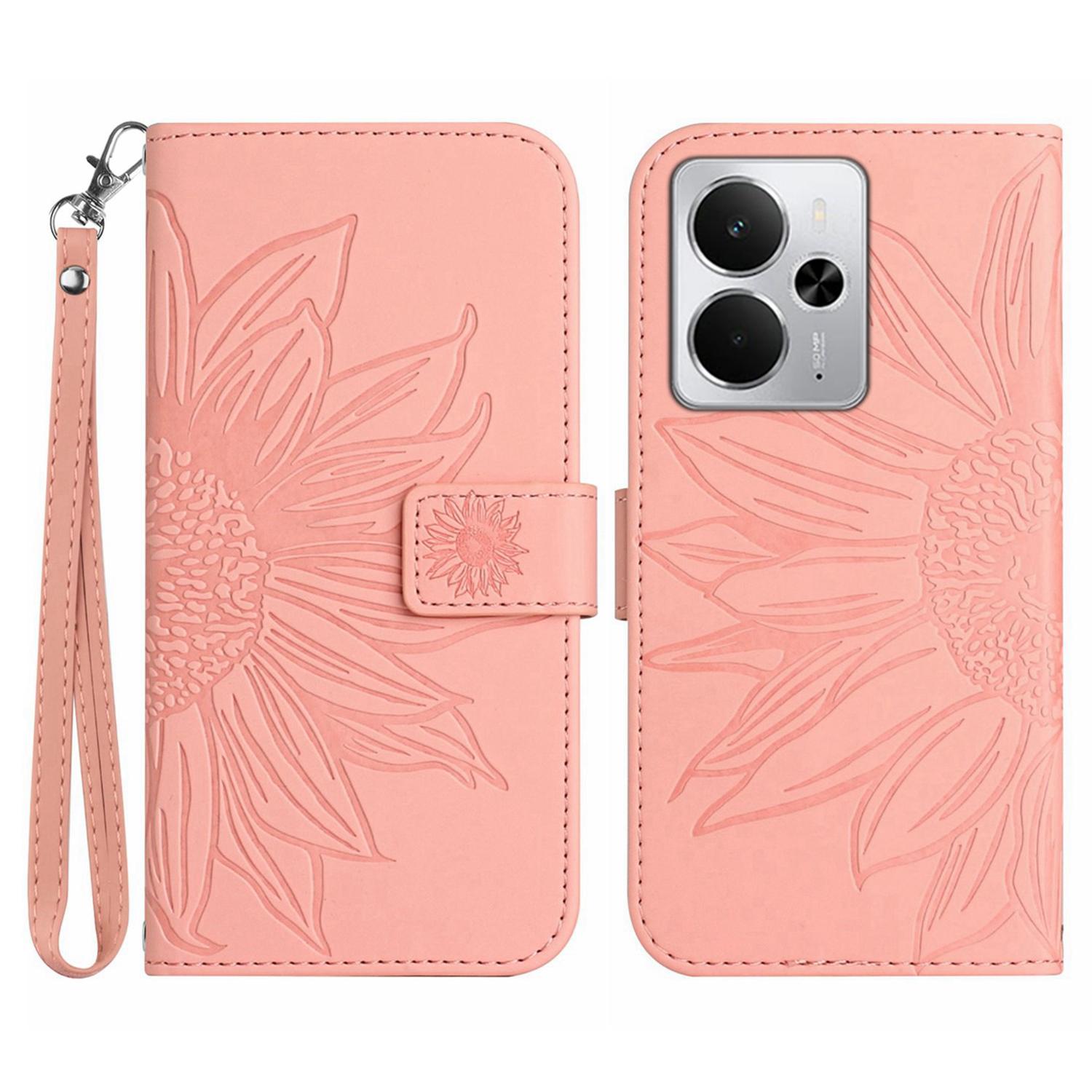 

For Realme 14 5G/P3 5G Case Sunflower Imprint Leather Wallet Phone Cover with Wrist Strap F