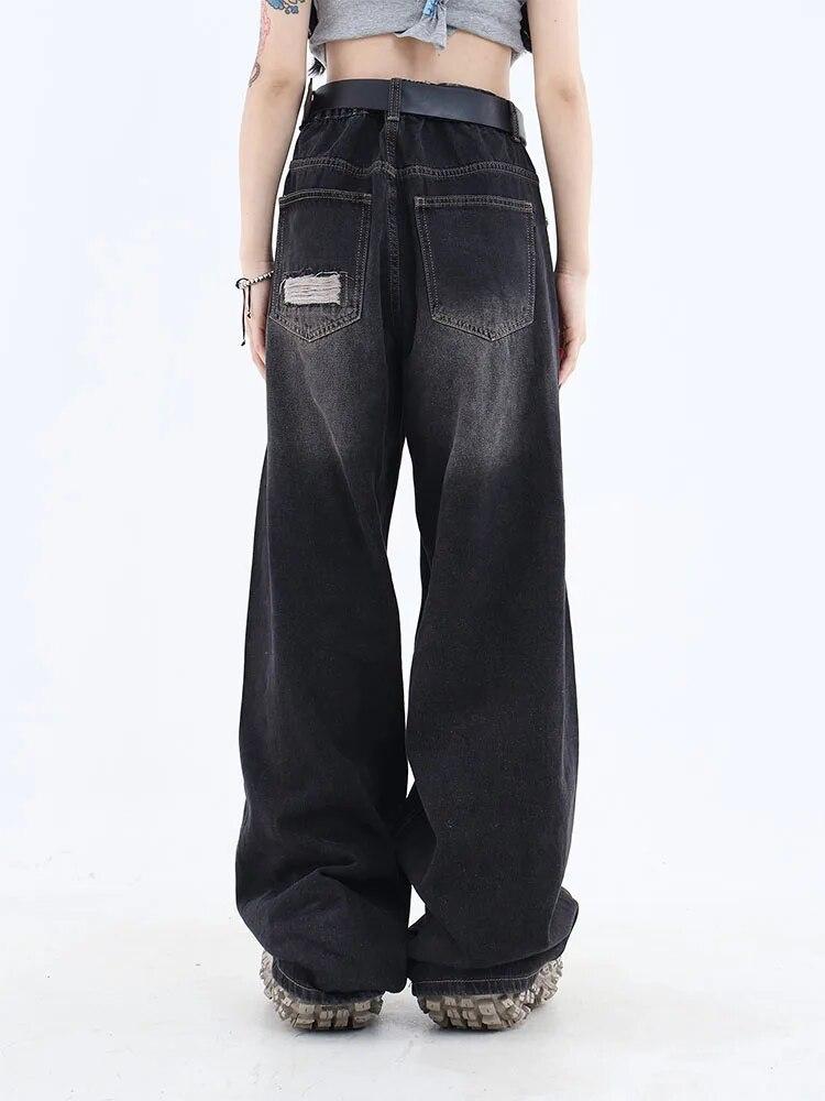 Gothic Black Jeans High Waist Vintage Women Korean Fashion Y2k Streetwear Ripped Pants Female Harajuku Casual Wide Leg Denim Trousers