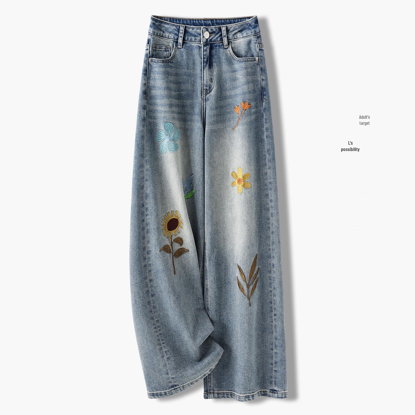 American Retro 2026 Floral Embroidered Washed Wide-Leg Jeans for Women 27 синий