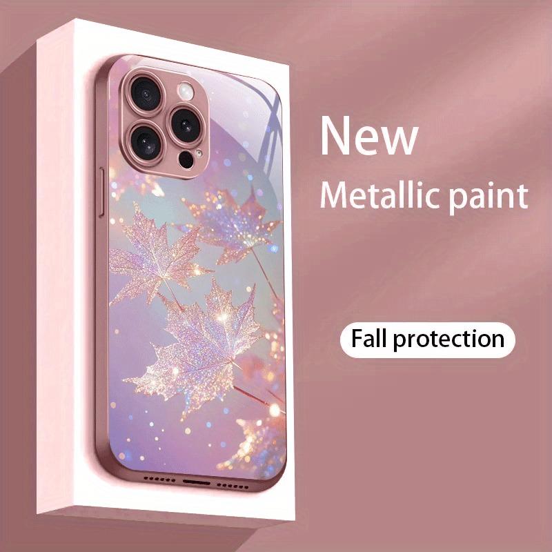 Rosa Ahornblatt Muster Rosa Metallisch Gehärtetes Glas Handyhülle Für iPhone 11 12 13 14 15 16 17 Pro Max 15 Plus 17 Air 16E Hülle