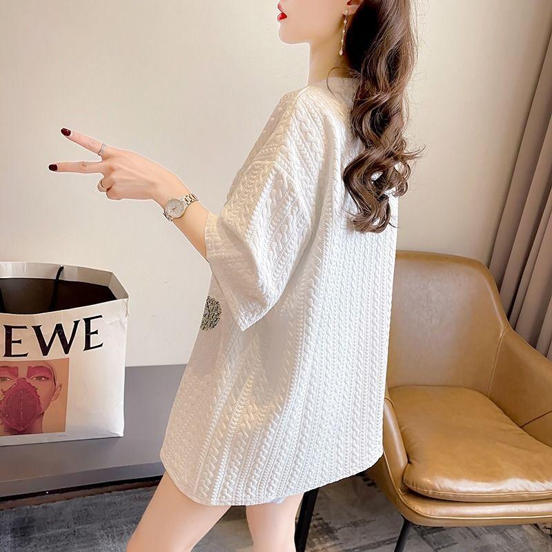 New Summer Fashion Trend Casual Loose Fitting Lamb Embroidery Hot Diamond Mid Length Oversize Short Sleeved T-shirt