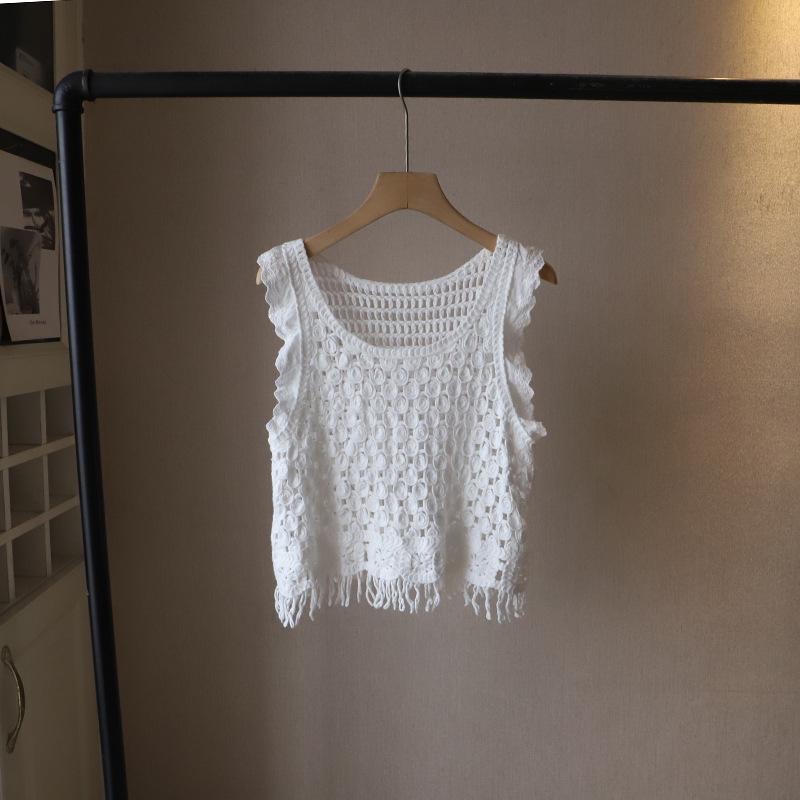 

Летний корейский ретро вязаный жилет-майка с бахромой без рукавов для женщин 2025 One Size белый