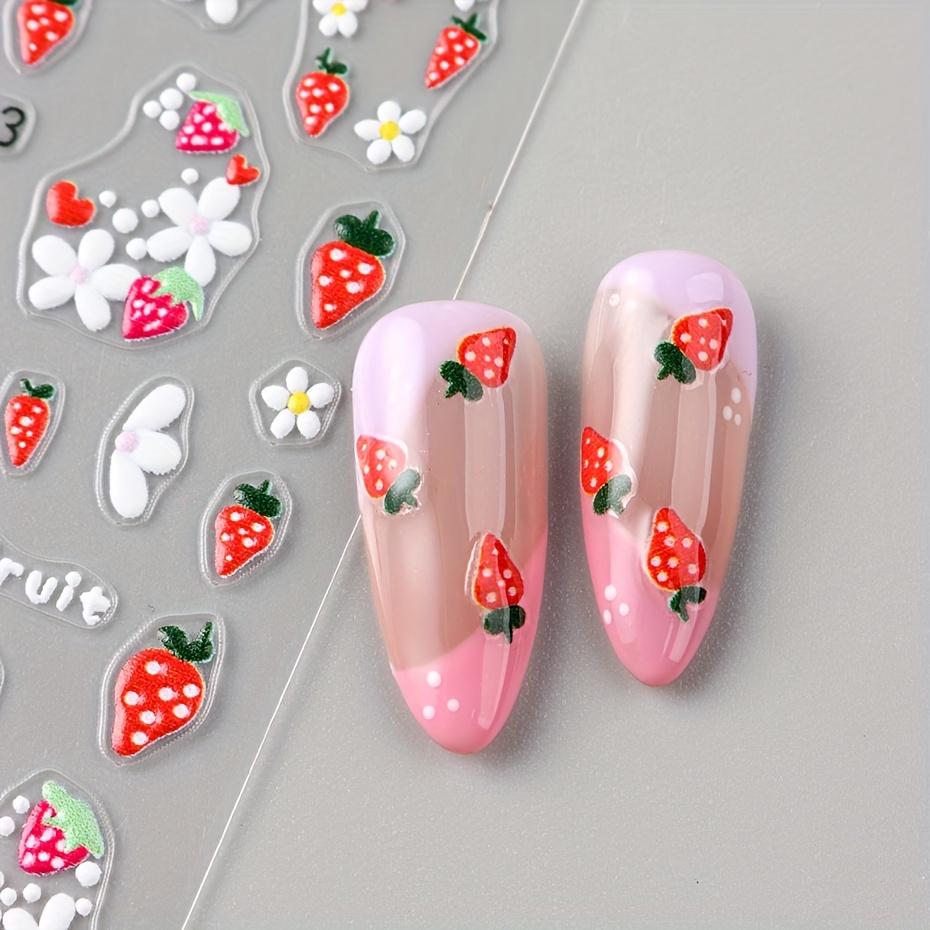 5D Cute Strawberry Nail Art Decals Summer Fruits Cherry Simple Daisy White Flowers Adhesive Sliders Stickers for Nail Manicures Tips