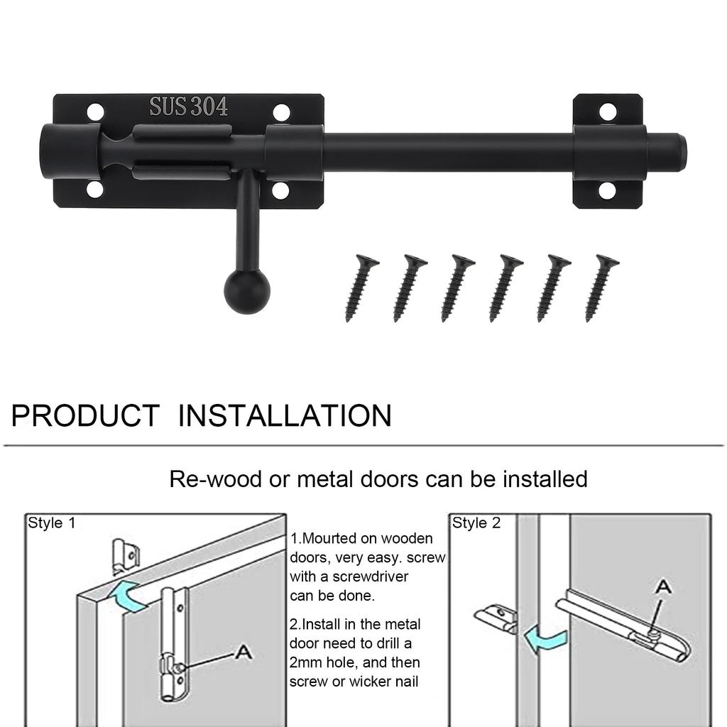 304 Stainless Steel 6-12 Inch Barrel Bolt Latch 10mm Thick Padlock Hole Black Heavy Duty Includes 6 Screws Universal Door Window Cabinet