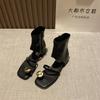 Fashion Design Sensation Black Sandals Women 2025Summer Square Head Thick Heel Bootie Hollow Out Side Zipper Toe Short Boot Korean Style