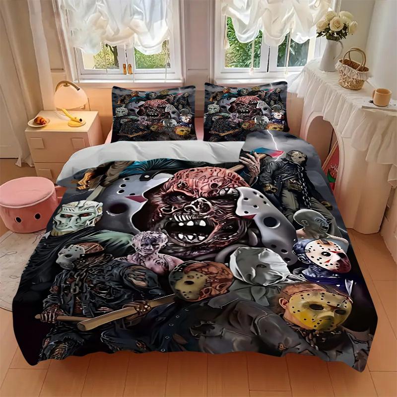3pcs Friday the 13th Horror Movie Characters Comforter Set with Two Pillowcases (No Core), Home Decor, Gift, Polyester Fabric, Anime Cartoon