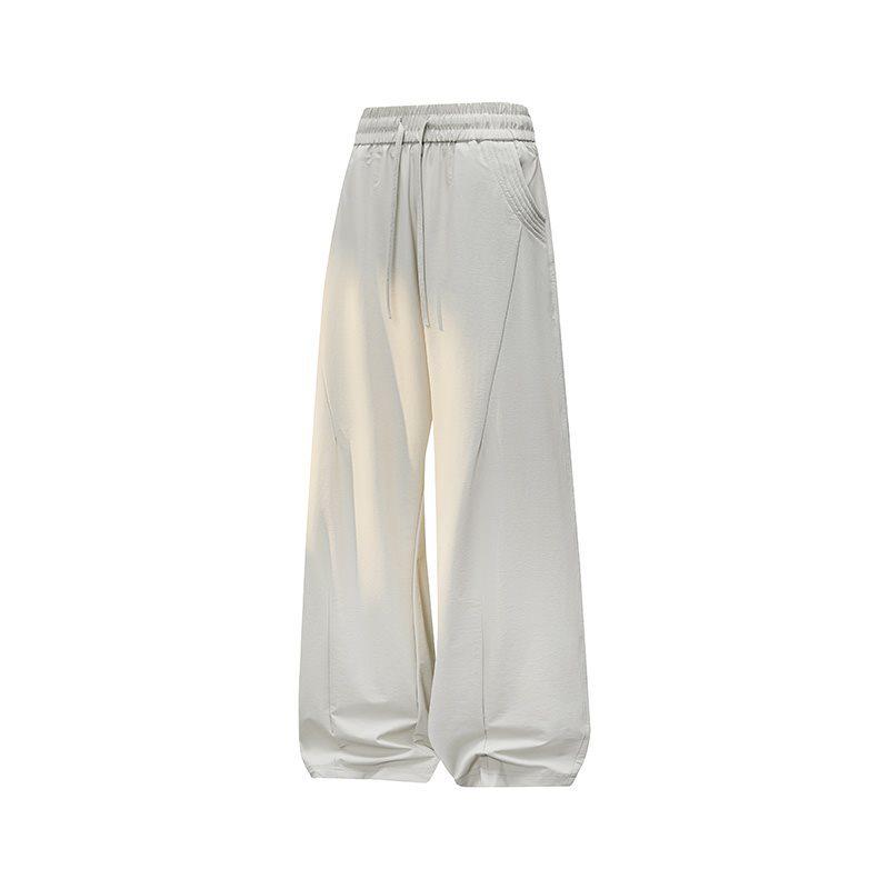 Men's Casual Drawstring Knit Straight-Leg Sweatpants, Hong Kong Style - Loose, Wide-Leg, Floor-Length for Spring and Autumn