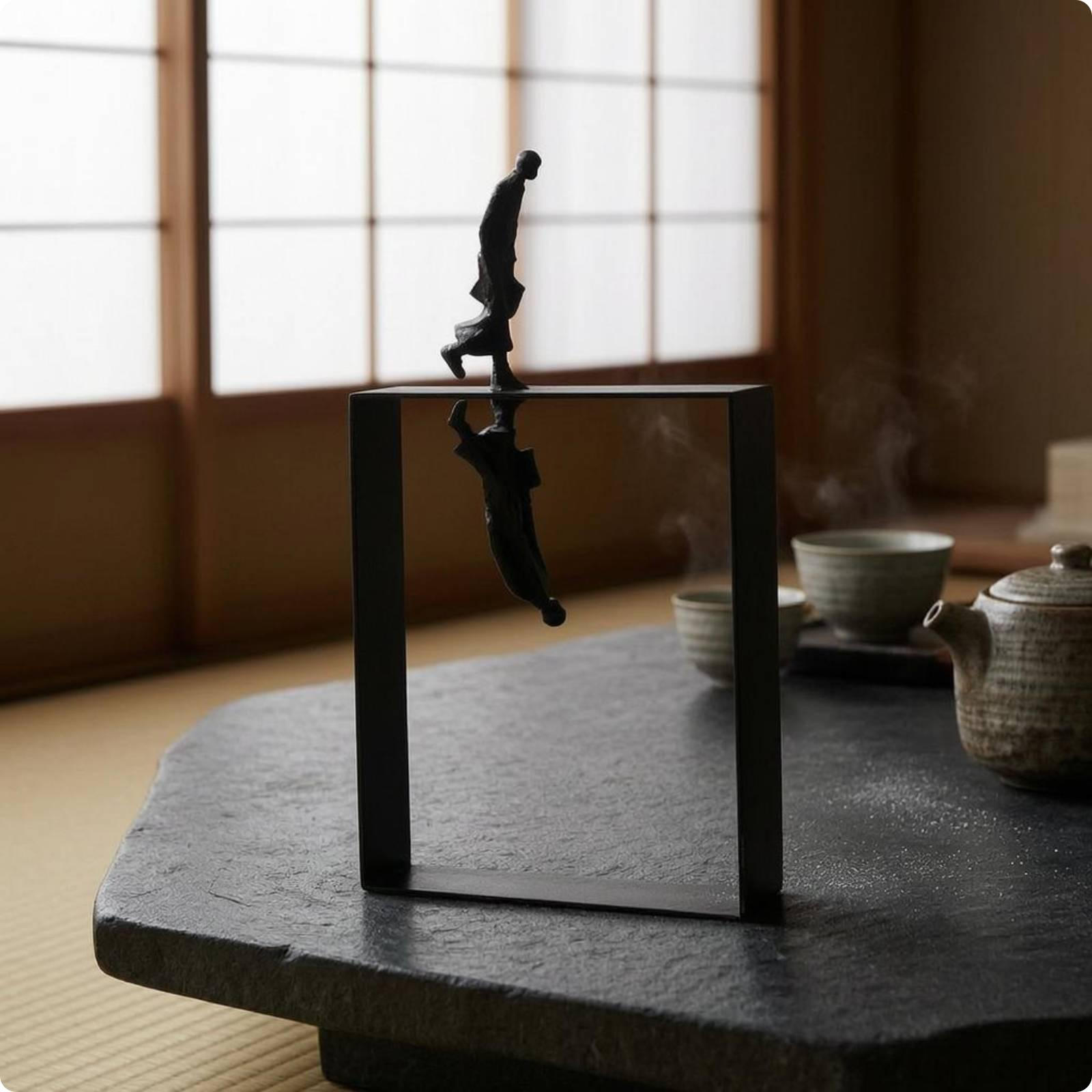 Minimalist Human Figure Sculpture OpenFrame Abstract Figurine Mirrored Effect Metal for