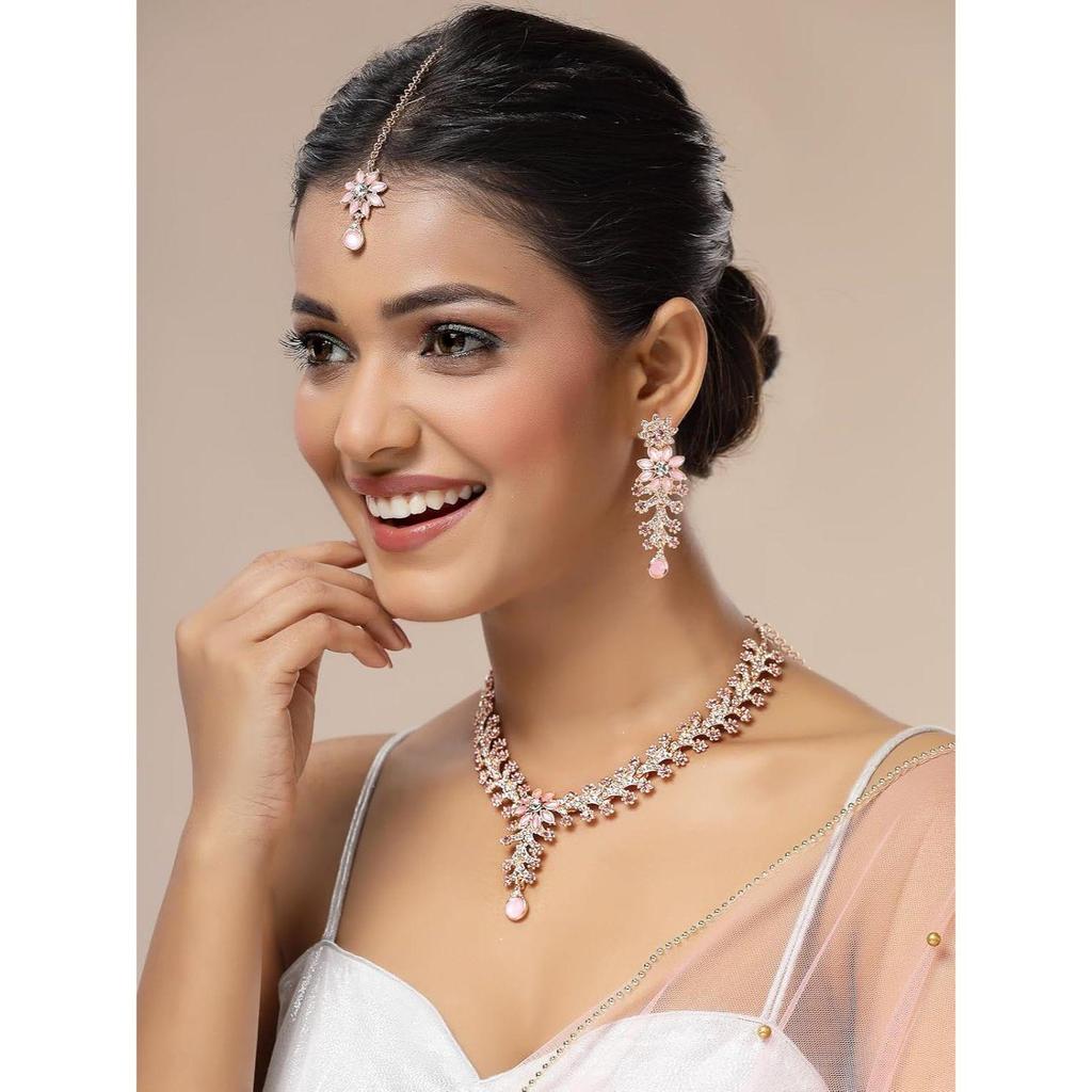 Charming Diamonds Studded Floral Choker Necklace with Danlge Earrings Maangtikka Jewellery Set for Women & Girlsf