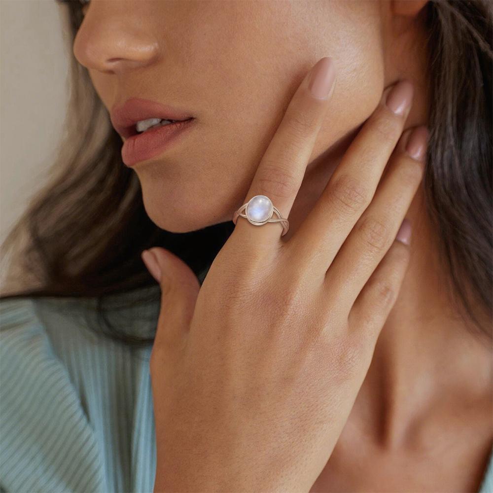 925 Silve Ring with Natural Moonstone Oval 8*10MM Simple Minimalist Twist Ring Party Gifts Fine Jewelry for Women