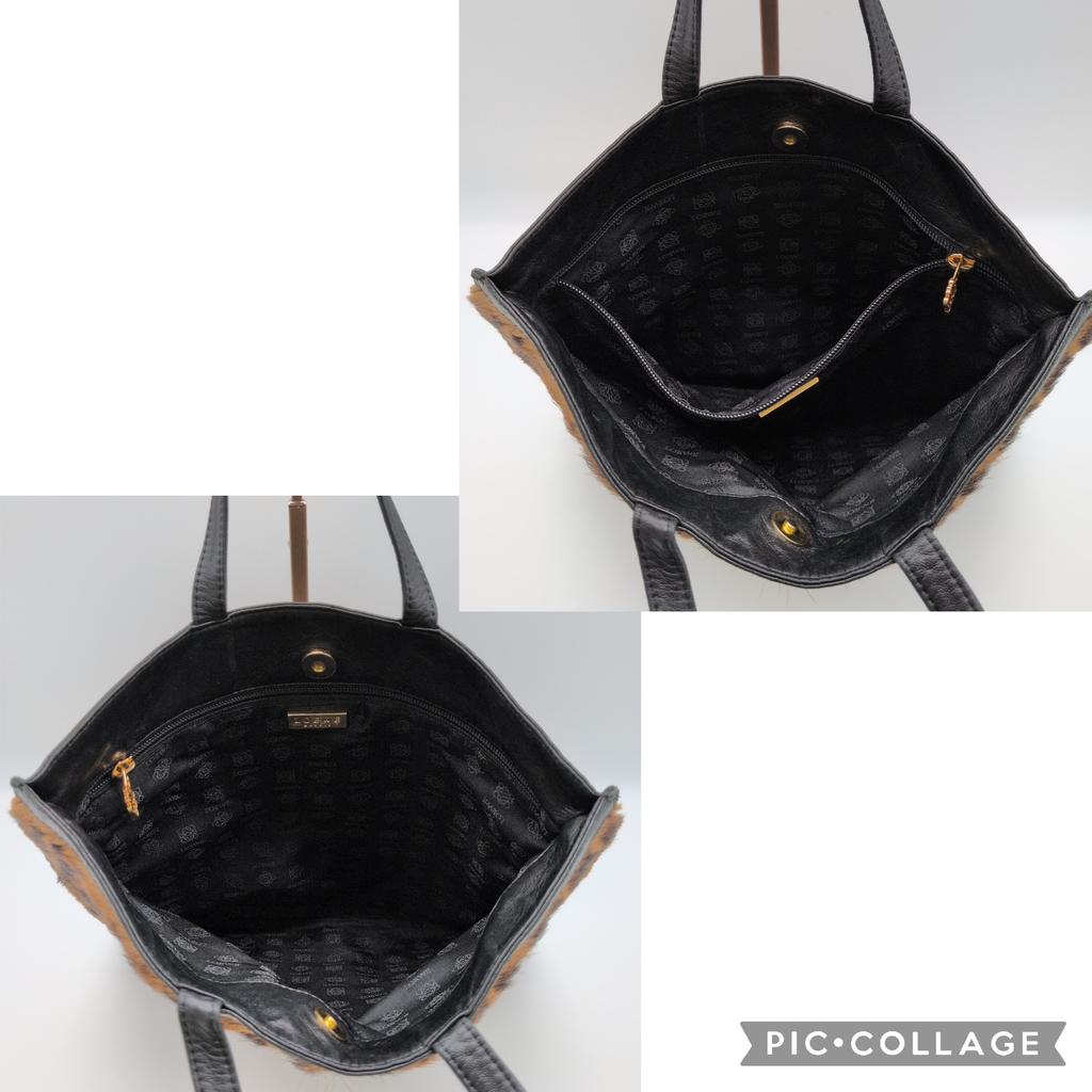LOEWE Unborn Calf Leopard Print Fur Tote Bag Handbag Nappa Leather Black Auth