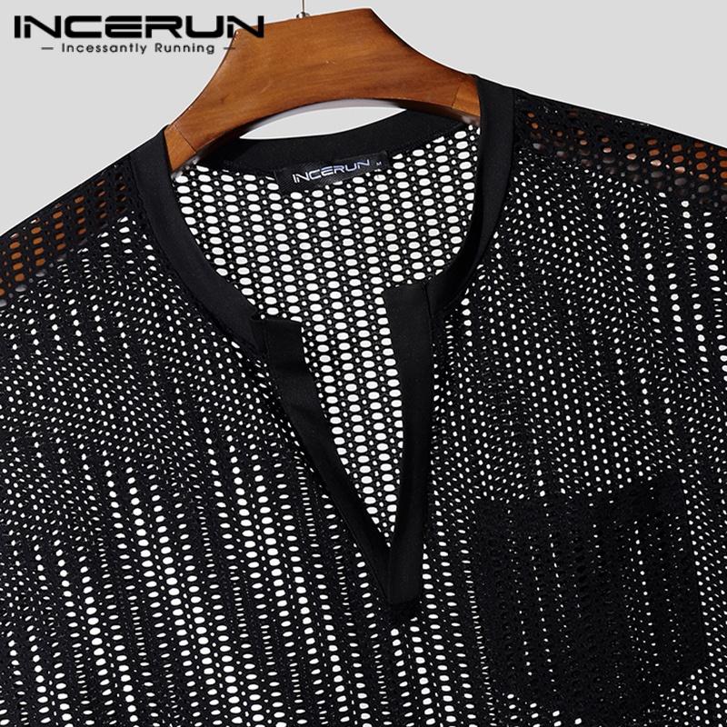 INCERUN Summer Men Short Sleeves See Through Mesh Tops T-shirts