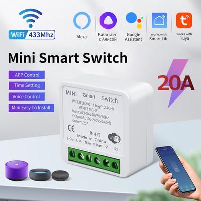 20A Tuya WiFi Mini DIY Smart Switch Module 2-way Control 433MHz Work with Tuya Smart Life App Alexa Google Home Voice Control