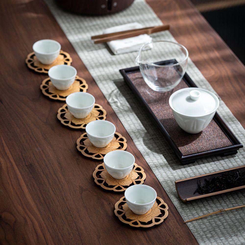 6Pcs/Set Chinese Style Wooden Round Cup Mat Lotus Flower Tea Cups Coaster  Home Decoration