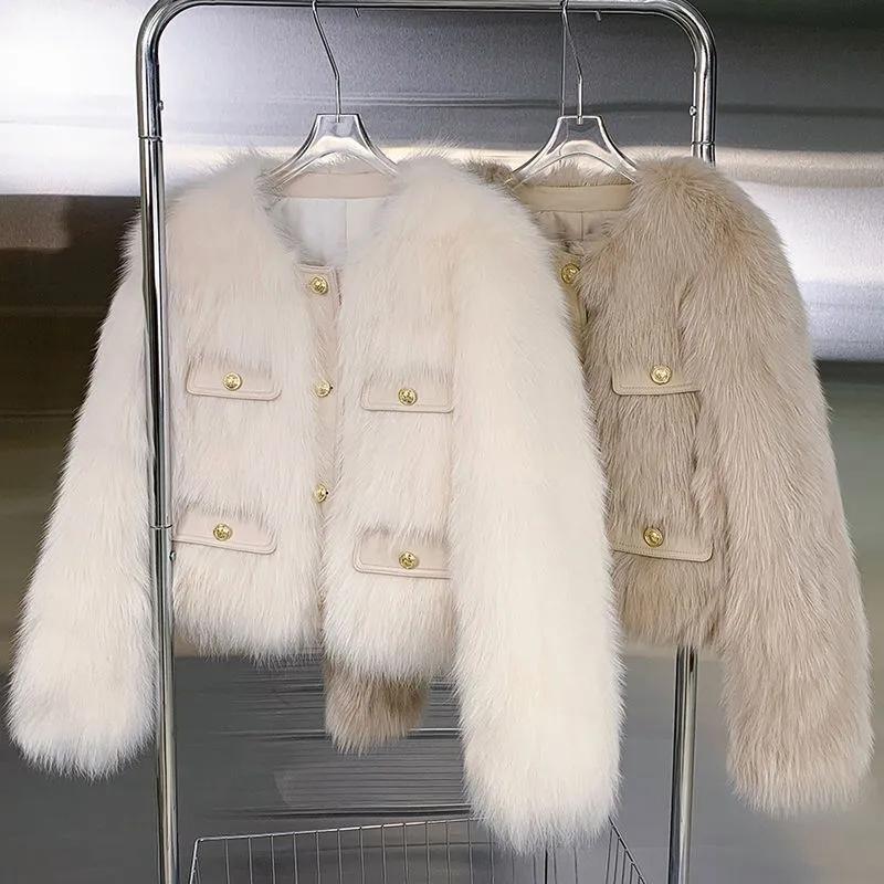 Women Autumn Winter Short Faux Fur Coat Ladies Round Neck Long Sleeves Jacket Comfortable Thickening Plush Outwear