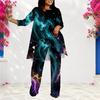 Women Plus Size Round Neck Long Sleeve Printed Layered Top Long Pants Two Piece Set