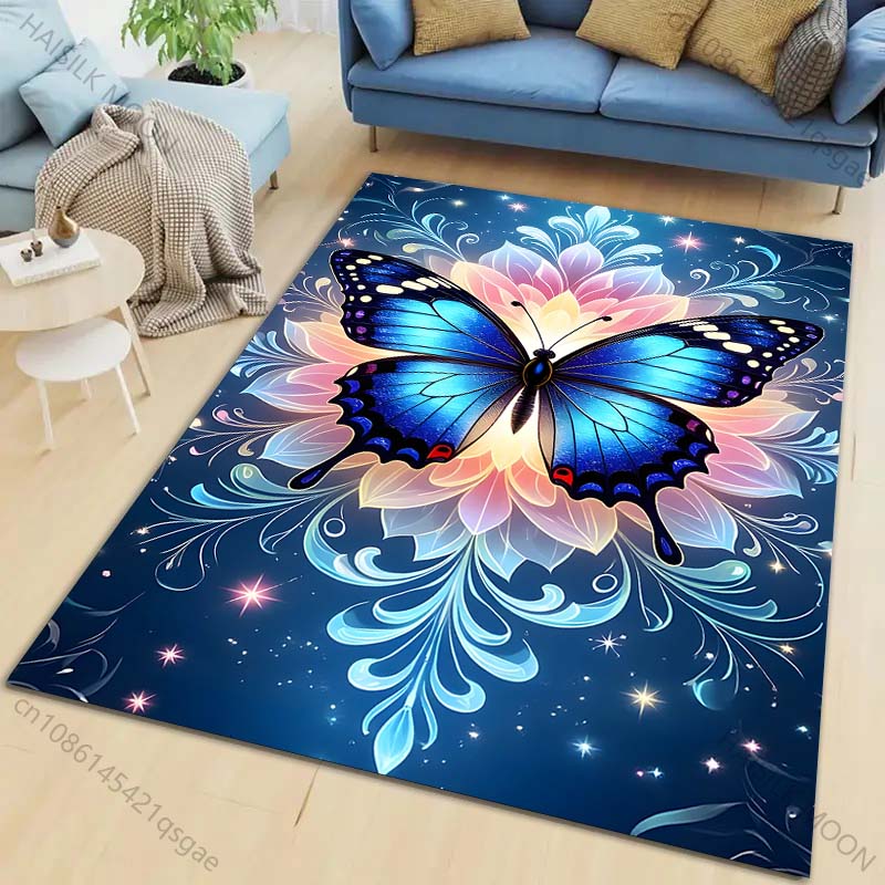 1PC Blue Butterfly Floral Stars Carpet for Living Room Bedroom Sofa Home Decor Rus Non-slip Floor Mat Luxury Gift Multiple Sizes