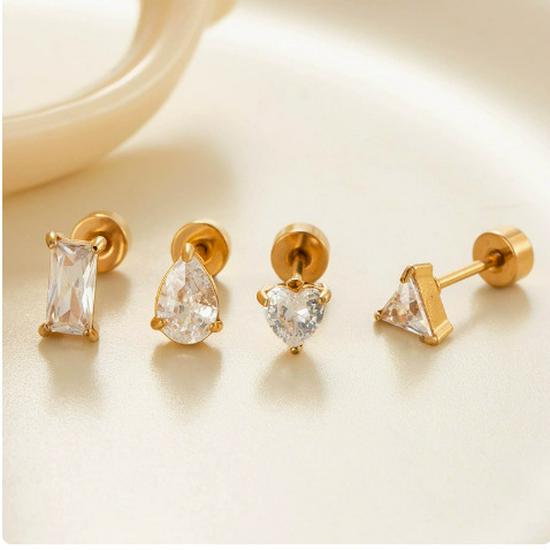 18K Gold Zirconia Stud Earrings - Niche, Simple, Colorfast Titanium Stainless Steel Ear Jewelry
