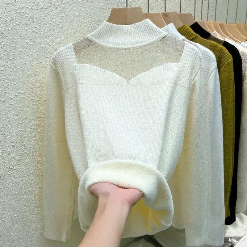 Gauze Half High Collar Velvet Knitted Sweater Women Winter Fashion Warm Pullovers Women Thicken Solid Soft Slim Sweaters 29786