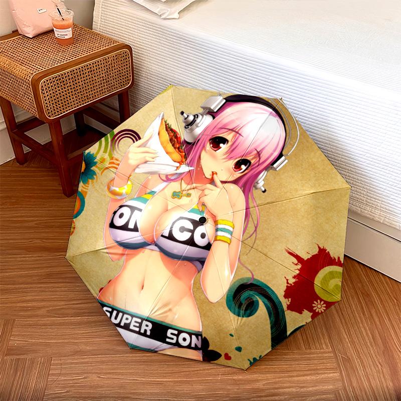 Super Sonico  pattern, automatic folding umbrella, portable and foldable design, 8 ribs, a Christmas or birthday gift.